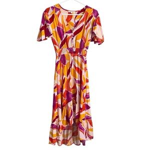 Abel The Label ATL Yellow Orange Tropical Ruffle Midi Dress Beach Vacation XS